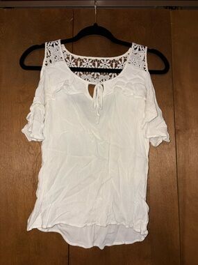 Iz Byer White Lace-Trim Cold Shoulder Tie-Front Top